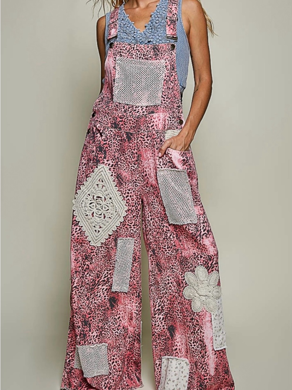 POL-Pink Patchwork Wide-Leg Overalls Jumpsuit
